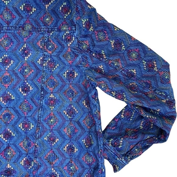 COLDWATER CREEK Boho Aztec Tribal Multicolor Embroidered Cotton Denim Jacket XL - Picture 10 of 16
